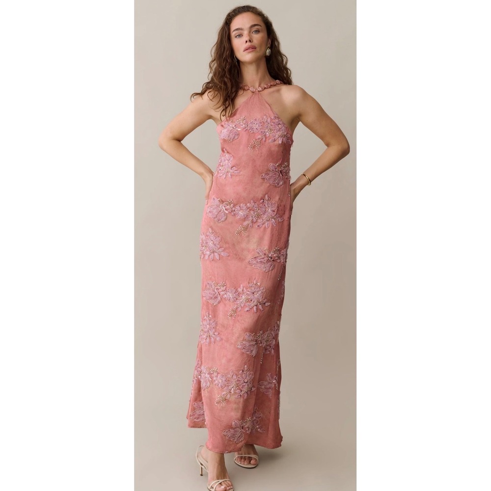 Few Moda O.P.T One Pretty Time Rose Floral Beaded Halter Maxi Dress Size 4